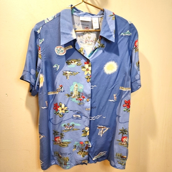 Liz Claiborn Women's Blue Casual Button Down 100% Silk Shirt with Tropical 16W - Picture 1 of 12